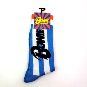 David Bowie Mens One Size 7-12 Blue White Stripe Graphic Novelty Crew Socks 1 Pr - Picture 1 of 4