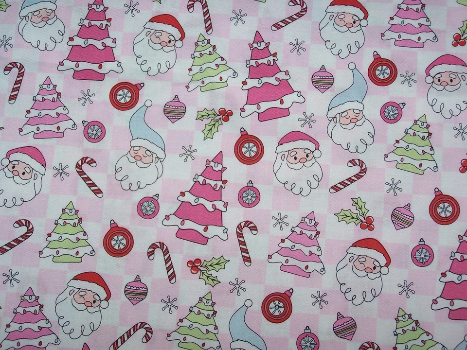 9"x21" Christmas Checkerboard Santa Cotton Fabric,  Fabric scrap - Image 1 of 1