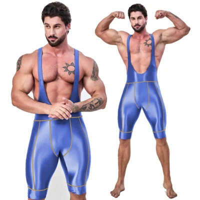 AMORESY Men's Jumpsuits Shiny Glossy Tights Overalls Tracksuits Suits Activewear - Image 1 of 4