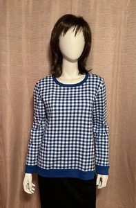 NWT Talbots Women’s Size M Blue Plaid Cotton Blend Crew Neck Pullover Fleece - Picture 1 of 5