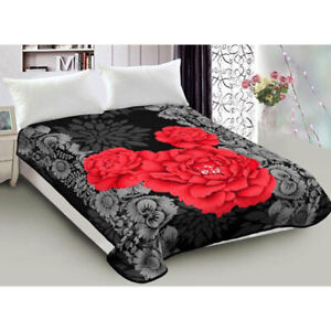 800GSM Luxury Reversible Mink Blanket Red Floral Queen 200 x 240 cm