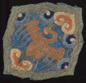 Antique Chinese Silk Panel Flying Crane Gold Couched Thread - Picture 1 of 12