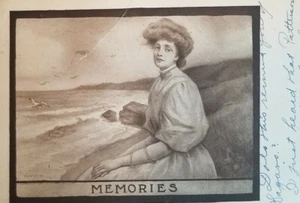 1910 Erinnerungen viktorianische Dame Möwen Ozean Postkarte Rechteck Wanne15 - Bild 1 von 3