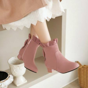 Women's Ladies Ankle Boots Flat Low Heels Round Toe Zipper Up Faux Suede Shoes