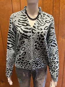 NWT Vintage Nordstrom San Remo by Laura Knits Blue Animal Print Zip Up Sweater M - Picture 1 of 9