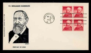 1045A 12c BENJAMIN HARRISON, "TAGGED" FDC, BLOCK OF 4 - ZASO - Picture 1 of 2