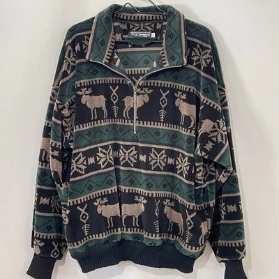 Norm Thompson Velour Pullover Moose Fair Isle 1/2 Zip Sweatshirt Shacket Large - Image 1 of 4