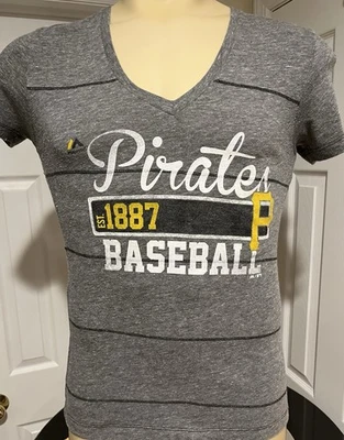 Majestic Pittsburgh Pirates Baseball Est 1887 Women's T-shirt Medium Gray Stripe - Image 1 of 4