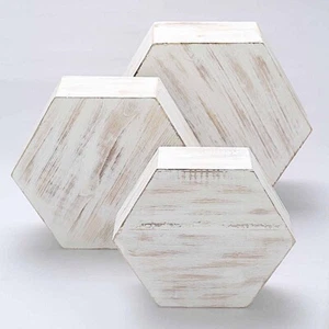 3 Whitewashed Hexagon Wooden Cake Stand Cupcake Dessert Holder Party Decorations - Picture 1 of 9