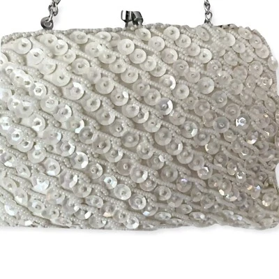 Vintage Sequined Off White Clutch Purse Hand Made In Hong Kong - Image 1 of 4