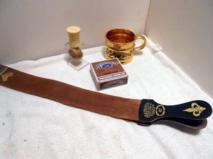 VTG LOT USA Illinois 127 Razor Strop Barbershop Goldtone Mug Shaving Bar & Brush - Picture 1 of 13