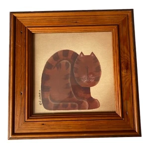Framed Cat Kitten Picture Brown Stripe By"FIDDLESTIX" Primitive Rustic Folk Art - Picture 1 of 13