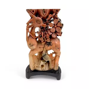 Antiker Qing Dynastie roter Speckstein Figur Kerzenständer Hirsch Vogel Prunus Baum - Bild 1 von 13