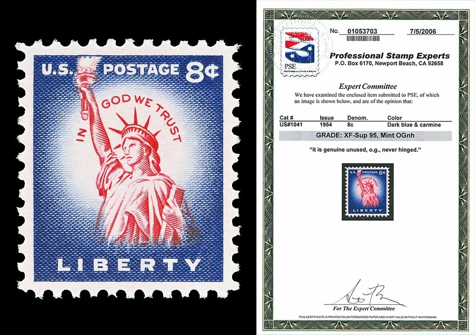 Scott 1041 1954 8c Liberty Issue Mint Graded XF-Sup 95 NH with PSE CERT - Image 1 of 1