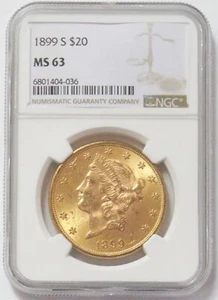 1899 S GOLD $20 LIBERTY HEAD DOUBLE EAGLE COIN NGC MINT STATE 63 - Picture 1 of 2
