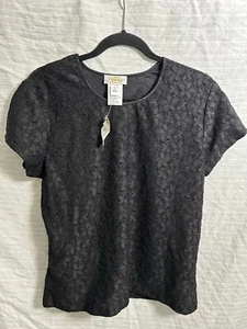 Vintage Talbots schwarz Spitzentop gefüttert Kurzarm Oberteil Blumen Spitze Stretch bequem Gr. L - Bild 1 von 7