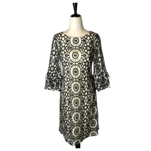 Taylor Dress Women 4 Black Ivory Crochet Lace Long Bell Sleeve Fit And Flare - Picture 1 of 12