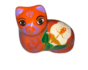 Painted Folk Art Pottery Cat Terracotta Orange Purple Calla Lilly Mexico? - Picture 1 of 8