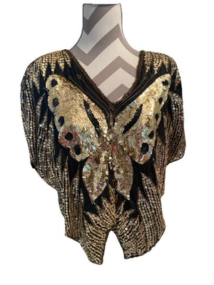 Vintage Sequin Butterfly Blouse Silk Rayon Top Black Gold Size: M Boho 70s - Image 1 of 4