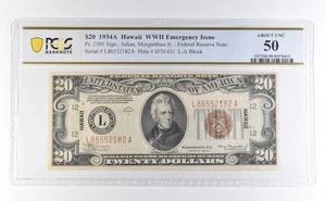 1934 A $20 Hawaii WWII Emergency Issue FR#2305 About Unc 50 PCGS *2745 - Picture 1 of 3