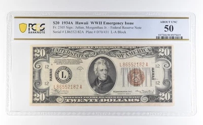 1934 A $20 Hawaii WWII Emergency Issue FR#2305 About Unc 50 PCGS *2745 - Image 1 of 3