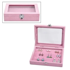 Livmore Pink Velvet Earrings Box w/Glass Window -NEW 7.9 in L x 5.9 in W x 1.8H - Picture 1 of 3