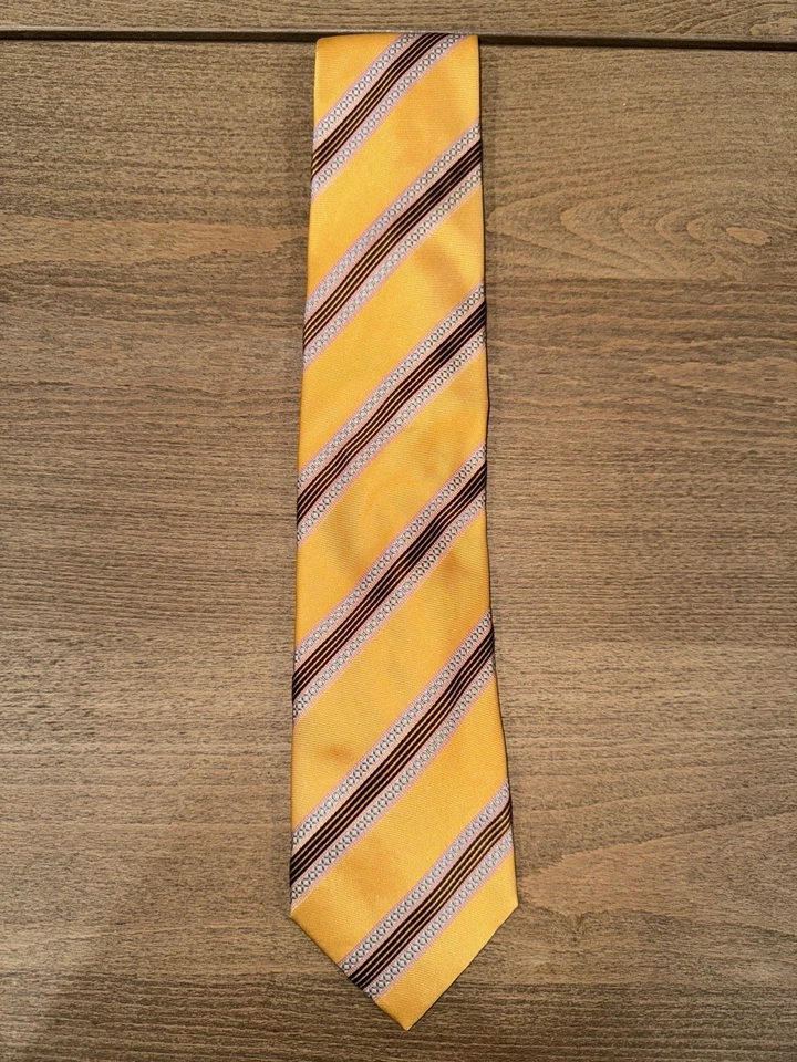 CANALI 意大利制造黄色几何条纹 100% 真丝领带豪华 — 第 1/2 张图片