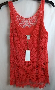 Saint Tropez West Salmon Pink Sleeveless Crochet Boho Floral Top Sz M NWT - Picture 1 of 6
