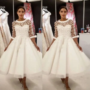 Short Wedding Dresses Lace Appliques 3/4 Sleeves Tea Length A Line Bridal Gowns - Picture 1 of 10