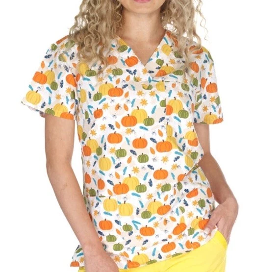 NWT Women's Medium Harvest Bliss Fall Print I Love Scrubs Scrub Top - Image 1 of 1