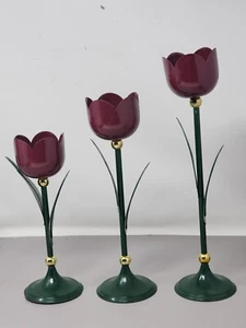 Set 3 portacandele tulipano vintage in metallo bordeaux e verde con accenti oro - Foto 1 di 11