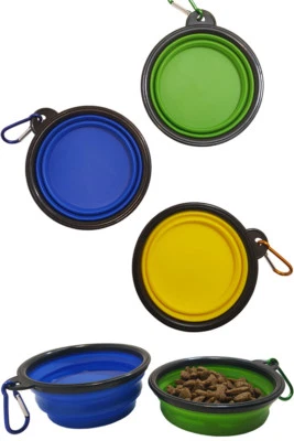 PACK de 2 platos portátiles para mascotas - cuencos de viaje de silicona plegables - AMARILLO Foto 1 de 4