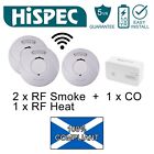 Hispec RF Pro Wireless 10yr Lithium Fire Alarm Kit, 2x Smoke 1x Heat + CO