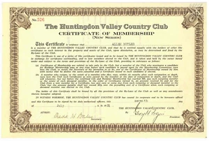Huntingdon Valley Country Club. Lagerzertifikat. Rydal, Pennsylvania. 1931 - Bild 1 von 1