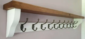 Estante de abrigo vintage con estante hecho a mano 10 ganchos dobles cera de roble oscuro/todo blanco - Imagen 1 de 12
