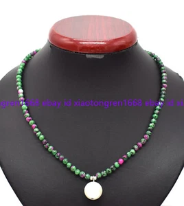 Natural 4mm Red Green Zoisite Round Gems &White Shell Pearl Pendant Necklace 18" - Picture 1 of 12