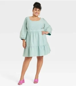 Women's Plus Size Balloon 3/4 Sleeve A-Line Dress - Ava & Viv Teal 1X - Picture 1 of 5