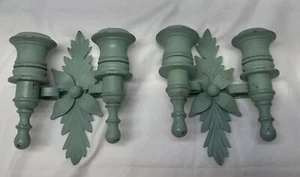 Double Wooden Sconce, Has Been Painted W Green/teal Color. 70’s?? - Picture 1 of 10