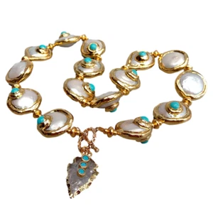 Cultured White Coin Pearl Blue Crystal White Quartz Arrowhead Charm Necklace - Picture 1 of 7