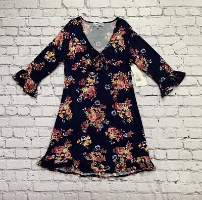 Nuevo con etiquetas Vestido Almost Famous Para Mujer M Floral Azul Marino Manga Larga Foto 1 de 4