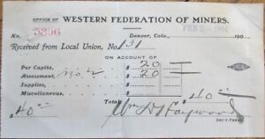 Denver, CO 1904 Mining Union Document, Western Federation of Miners Receipt