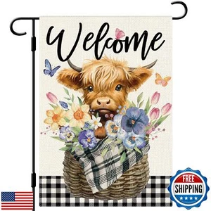DLZDN Spring Highland Cow Garden Flag Tulip Floral Butterfly Flag 12×18 Inch - Picture 1 of 5