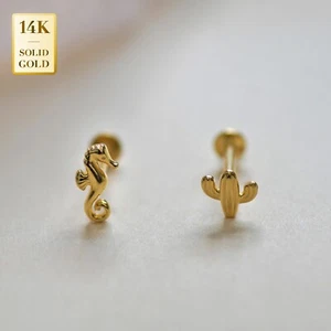 Pendiente piercing de caballito de mar de oro macizo real de 14K, hilo interno calibre 18 - Imagen 1 de 7