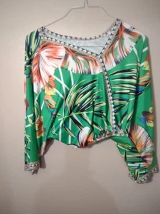 Women’s XL 2 Piece Green Multicolor Tropical Crop Top Lounge Wear Short Set Sm - Picture 1 of 4