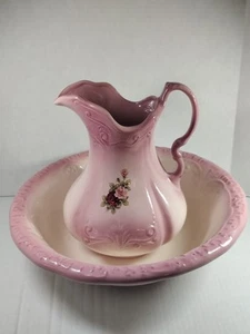 Antique Ironstone Pitcher And Bowl Set/ Pink/ Roses- Perfect! - Picture 1 of 8