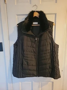 Talbots 3X Vest Black Faux Fur Collar Zip Down Fill - Picture 1 of 11