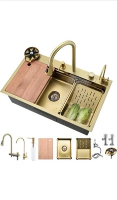 Gold Stainless Steel Waterfall Kitchen Sink 75 x 45cm, Chopping Board, Drainer. - Image 1 of 4