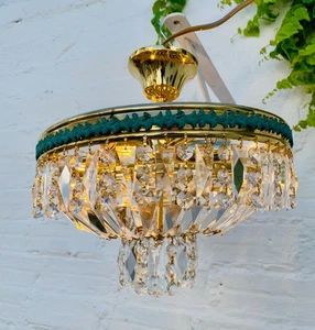 Lámpara de araña de cristal neoclásica vintage de 13 x 12" con borde verde semi al ras, dorada - Imagen 1 de 10