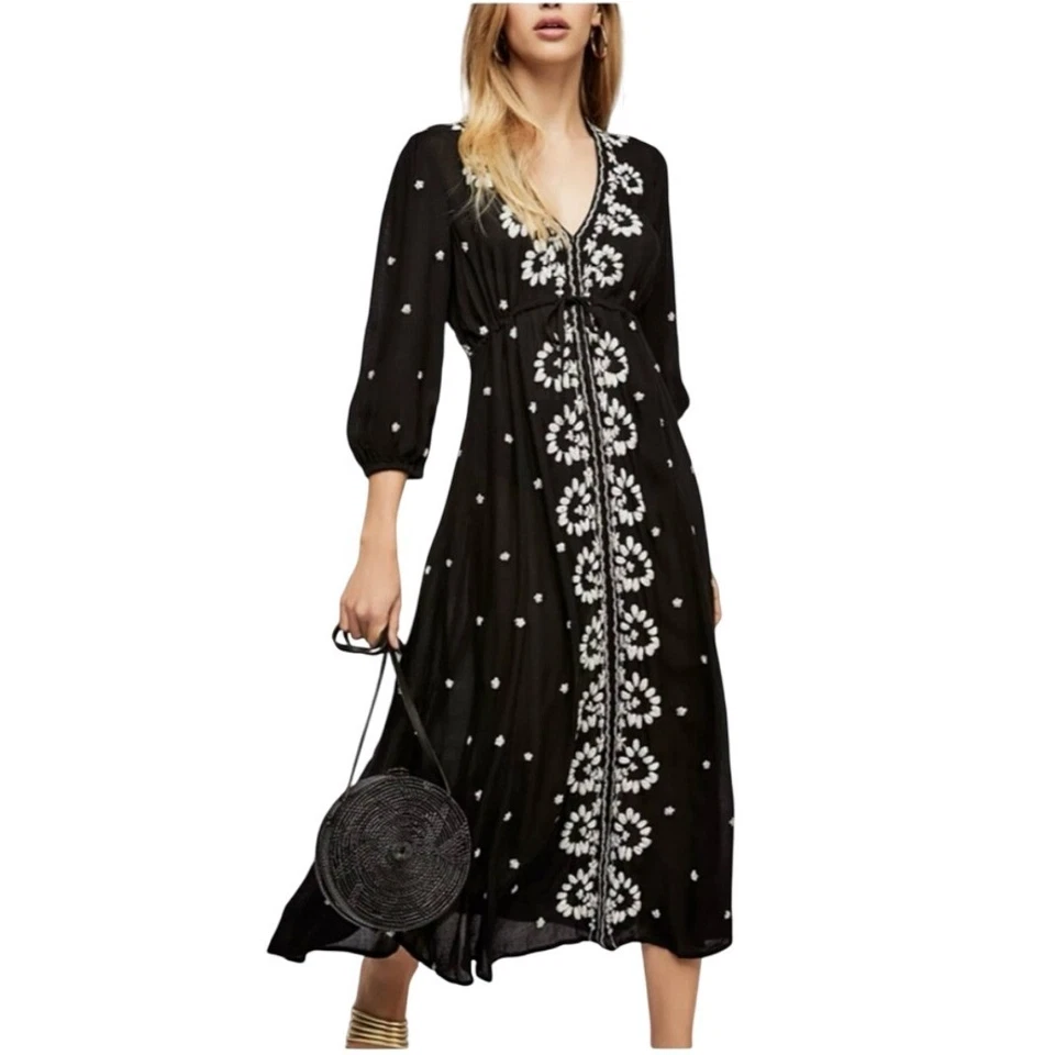 Free People Black Embroidered Midi Dress Boho Festival Size L - Image 1 of 4