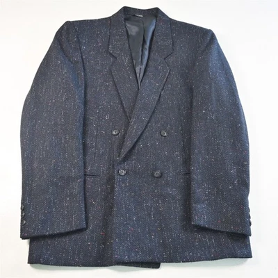 Chaqueta Blazer Abrigo Deportivo De Colección Hecha en EE. UU. 44R Azul Mancha Tweed Doble Pecho Foto 1 de 4